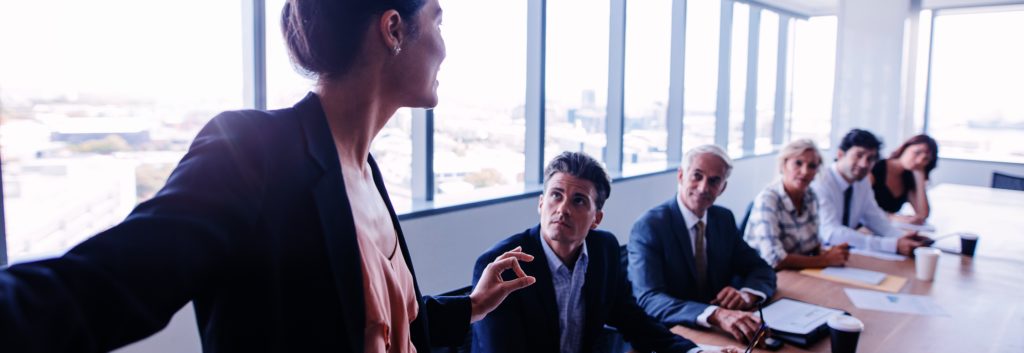 A room of business people at a table in a meeting. They're all seated on the same side of the table, looking at a woman who is standing at the head of the table and talking. Everyone else is seated. There are high windows in the background letting in a lot of natural light.