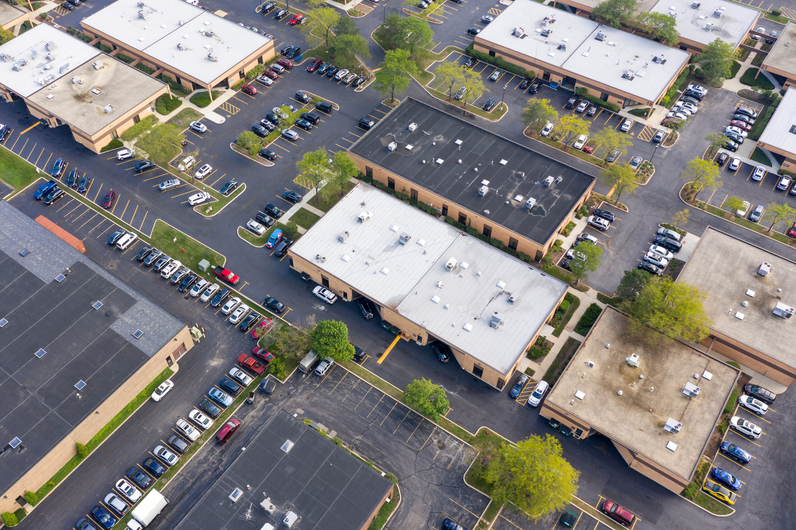 Aerial view of a low rise commercial office park.