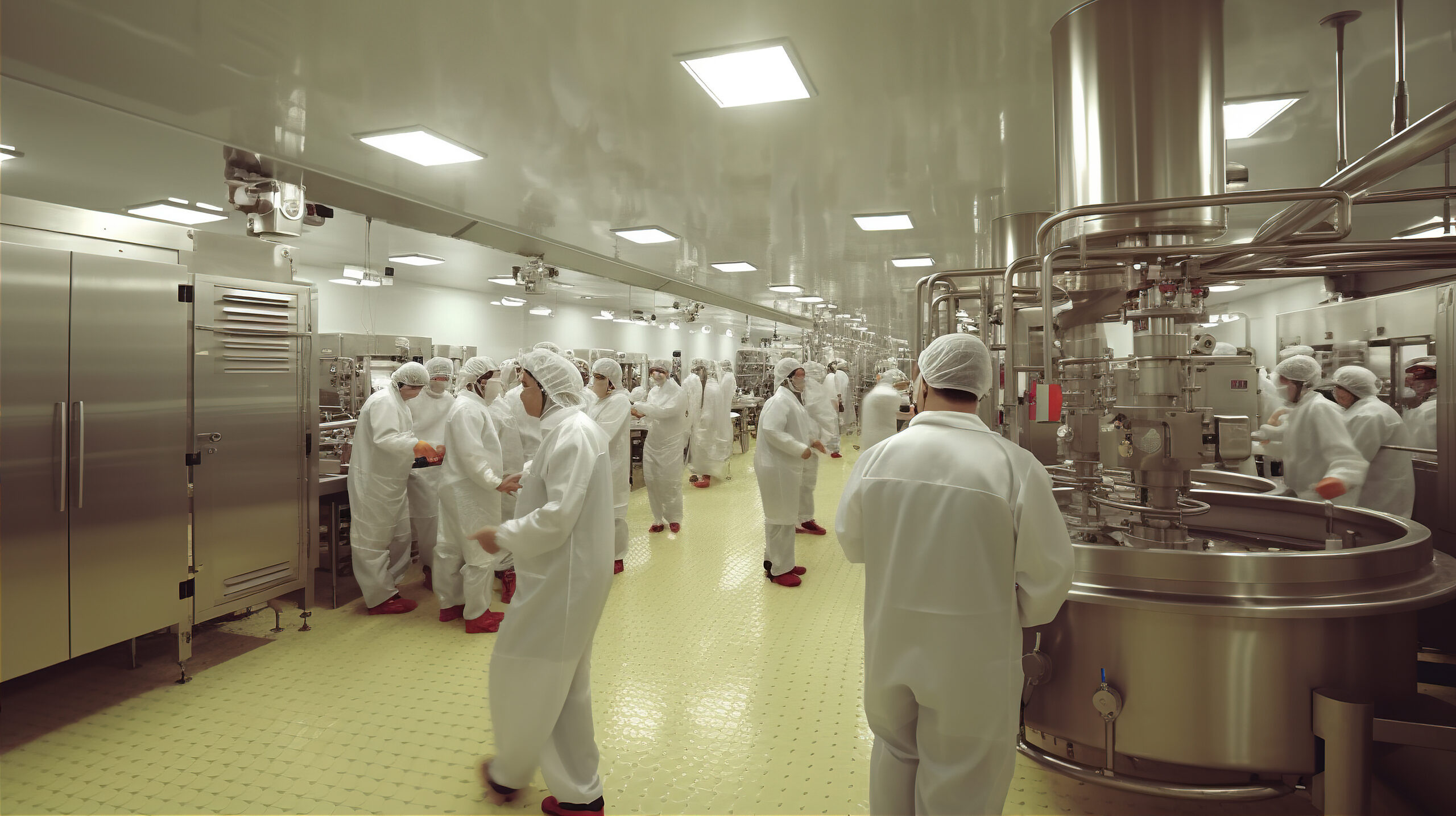 A food manufacturing plant. Indoors, no windows, fluorescent lights above. Everyone wearing white full-body suits from the neck down, and also with white hats/hair nets. The floor is spotless, but it's an ugly off-yellow color.