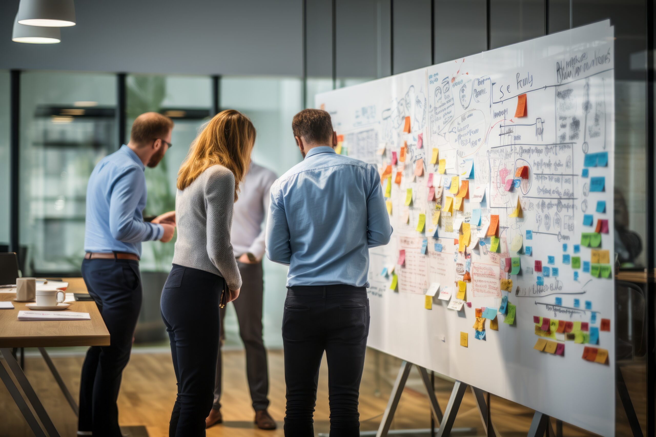 Four people standing, looking at an idea board full of colorful sticky notes. They're in a conference room with lights overhead. They're all dressed business-casual.