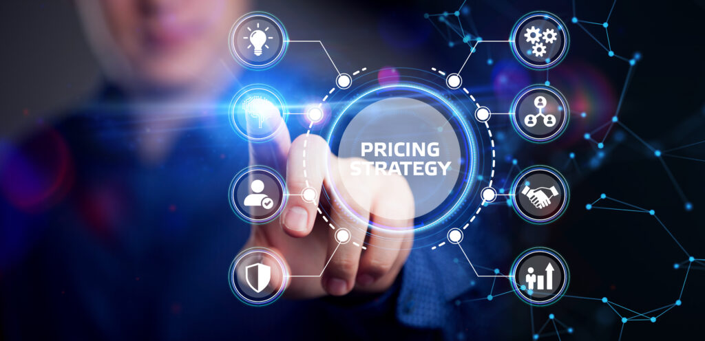 Business, Technology, Internet and network concept. Young businessman shows the word on the virtual display of the future: Pricing strategy