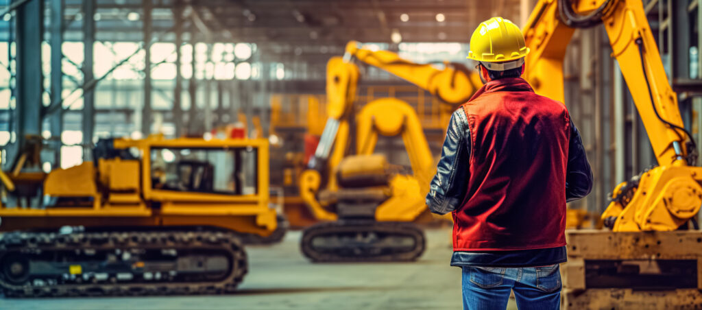 An man in a hardhat stands facing yellow industrial equipment, like backhoes, in a warehouse.