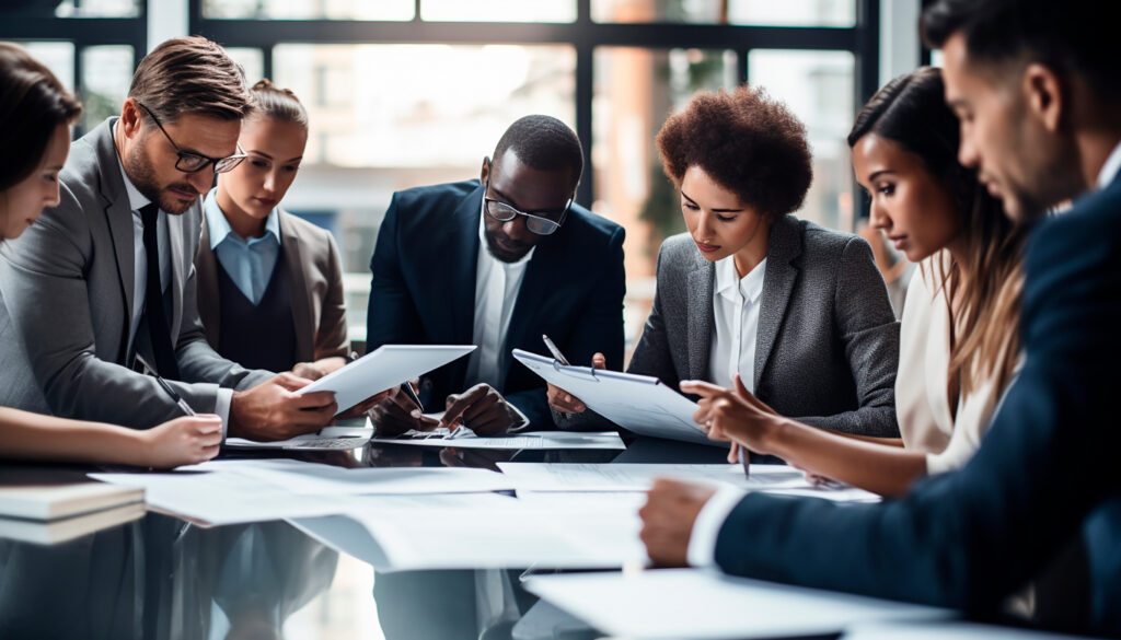 A diverse group of business leaders dressed in suits looking at papers around a table in a conference room. The room is also well-lit.