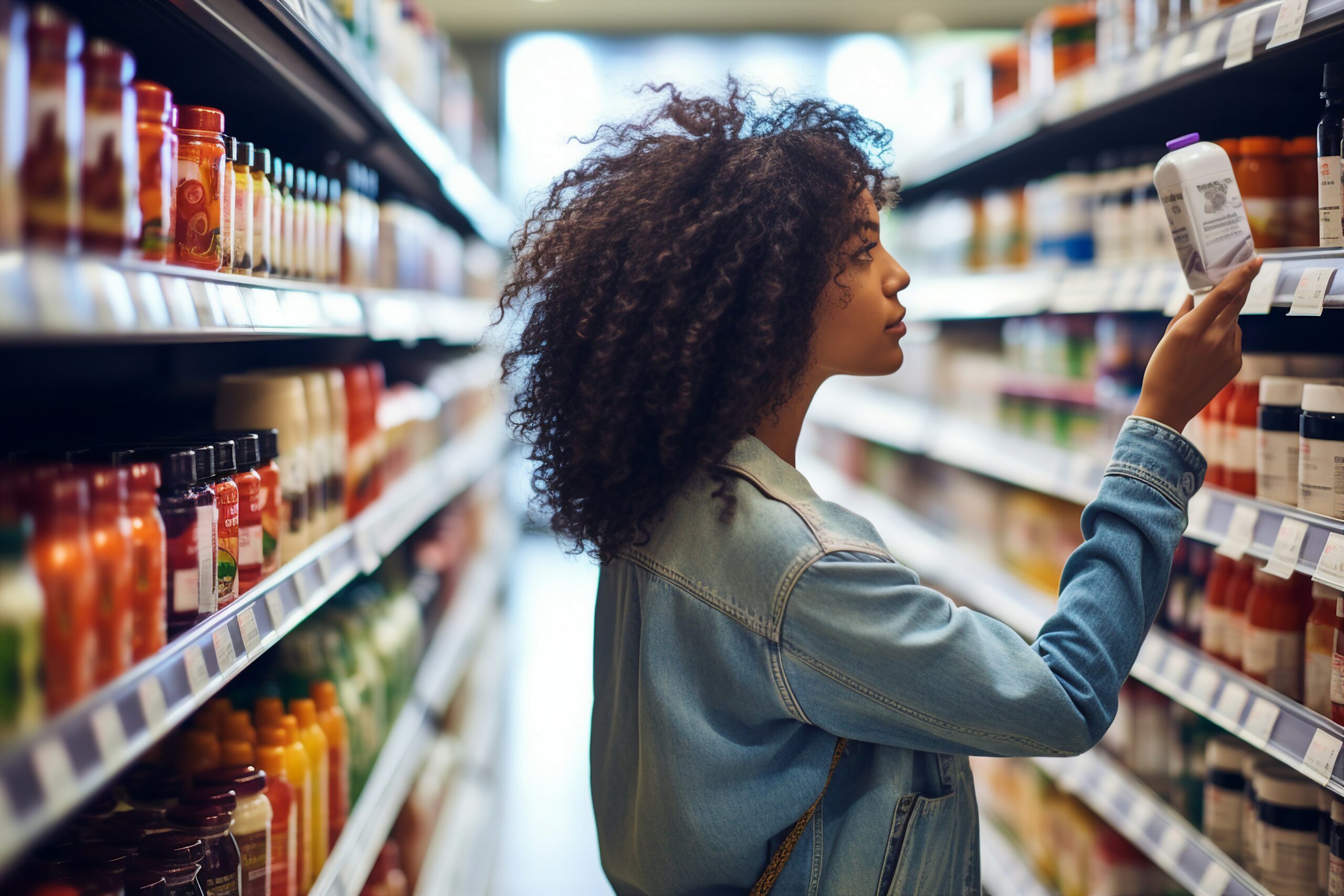 A black woman with frizzy hair is shopping in the aisle of a store that sells consumer products.