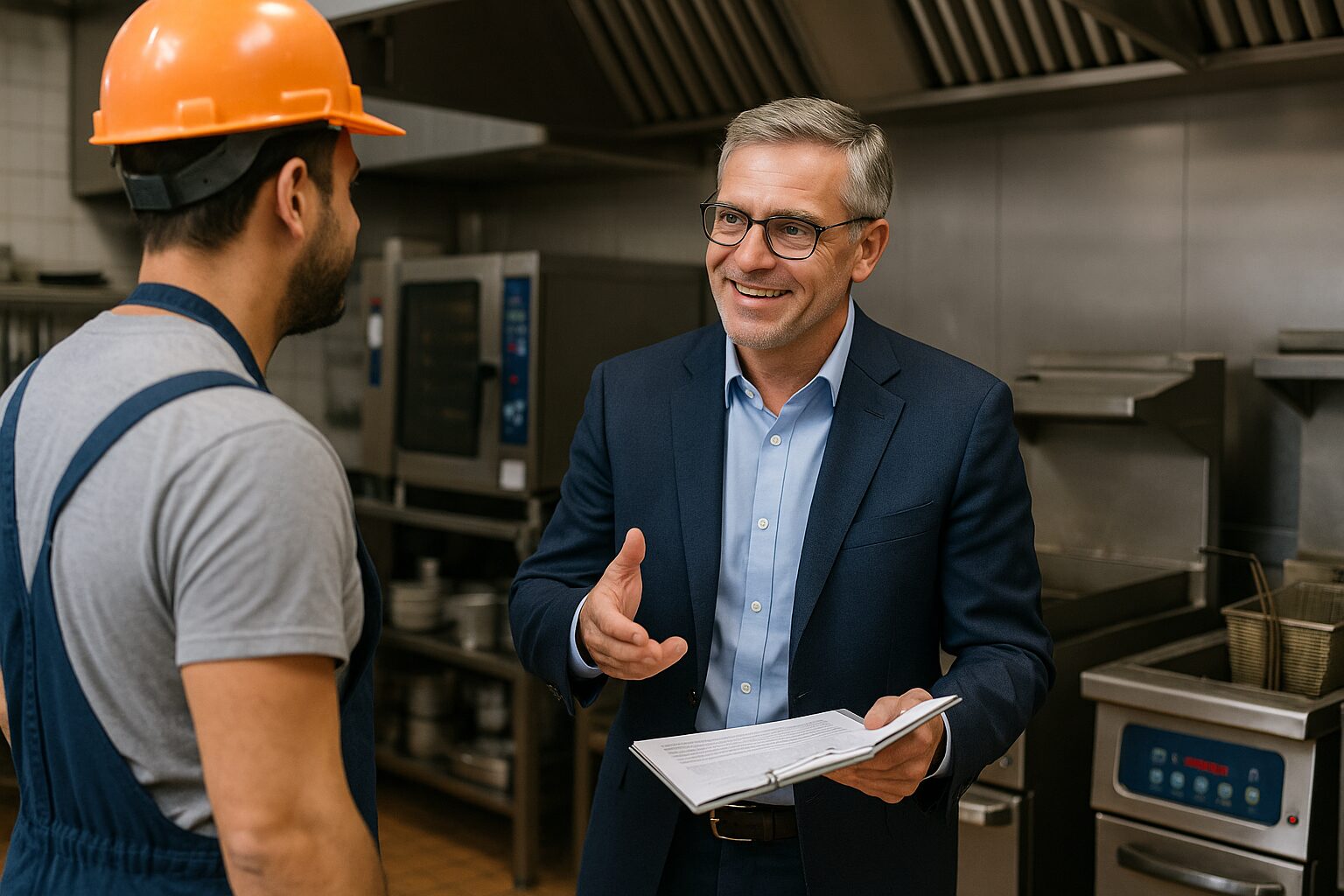 White male executive with glasses in an industrial kitchen holding a report