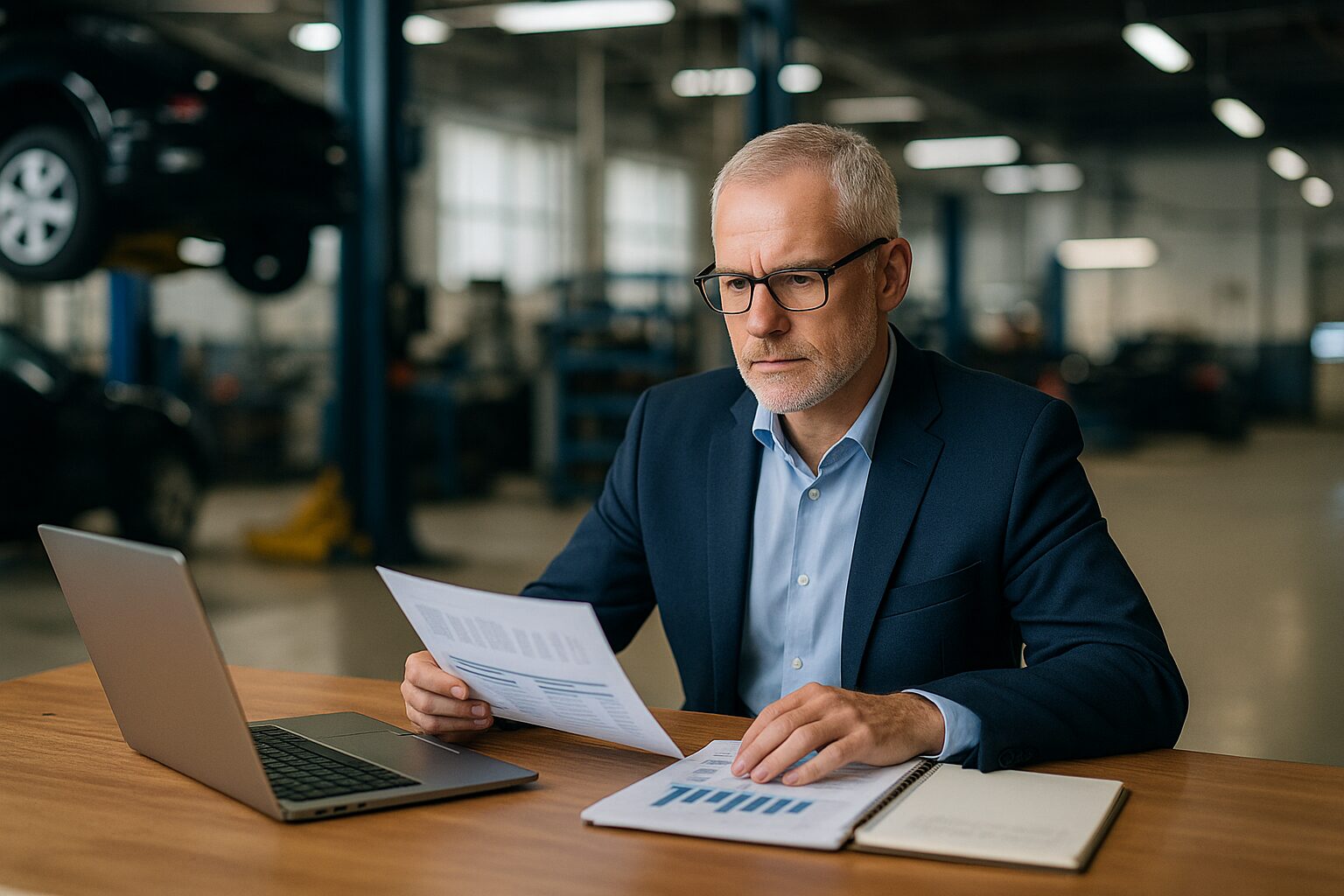Interim CFO at a desk in an automotive manufacturing plant